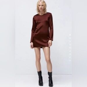 Zara Satin‎ Mini Dress Shoulder Pads Keyhole Button Back M Brown